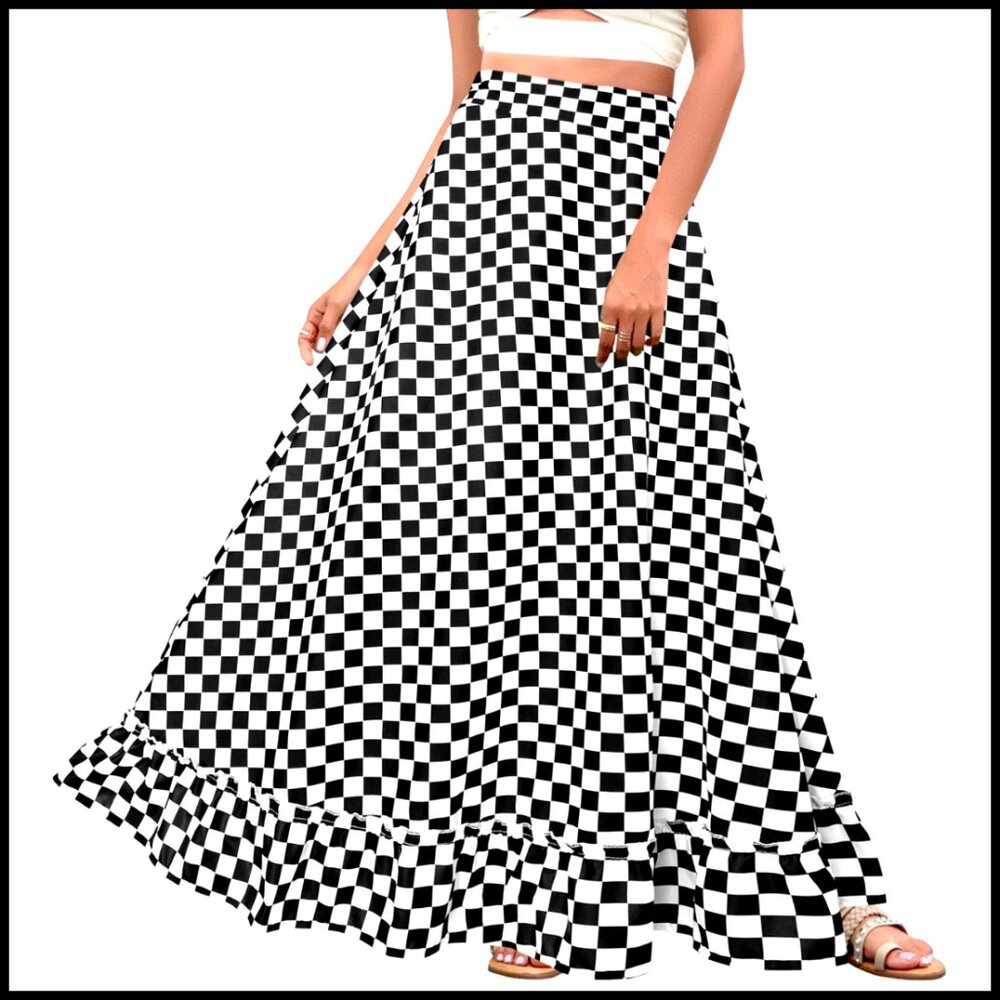 Plus Size Maxi Skirt High Waist Elastic Vintage Long A-Line with Pockets